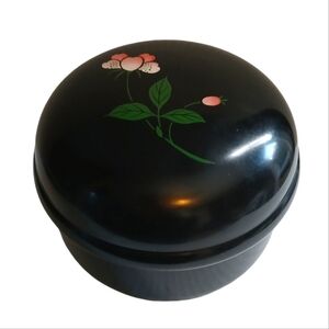 Chic Round Trinket Box Bowl + Lid Lacquered Japanese Floral Hand Painted Texture